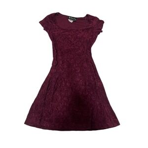 Vintage All That Jazz Burgundy Floral Lace Cap Sleeve Fit Flare Dress Women's